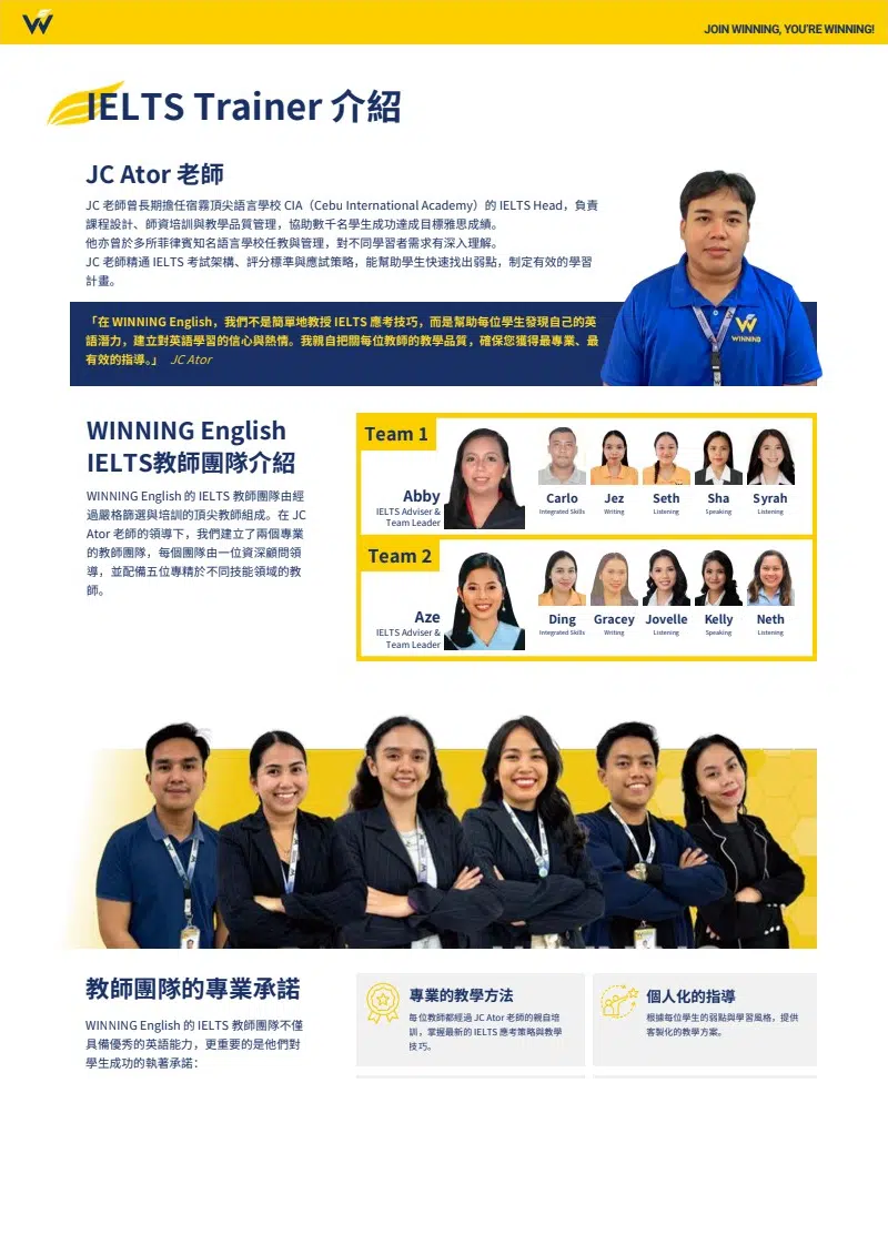 Winning English IELTS 教師團隊,由 JC Ator 老師帶領的專業雅思備考師資